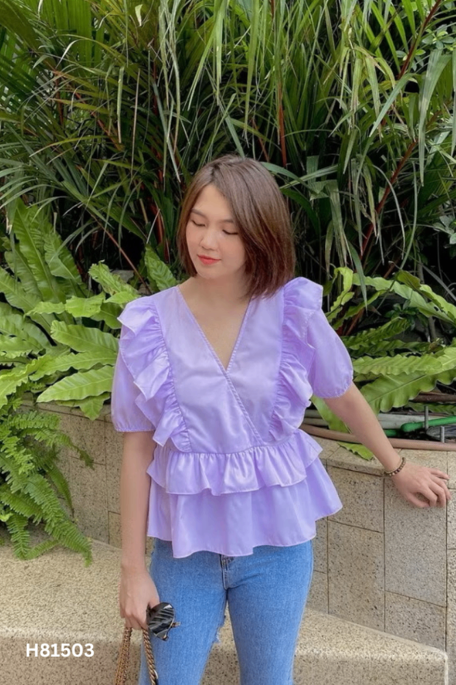 Áo tím cổ V phối bèo
