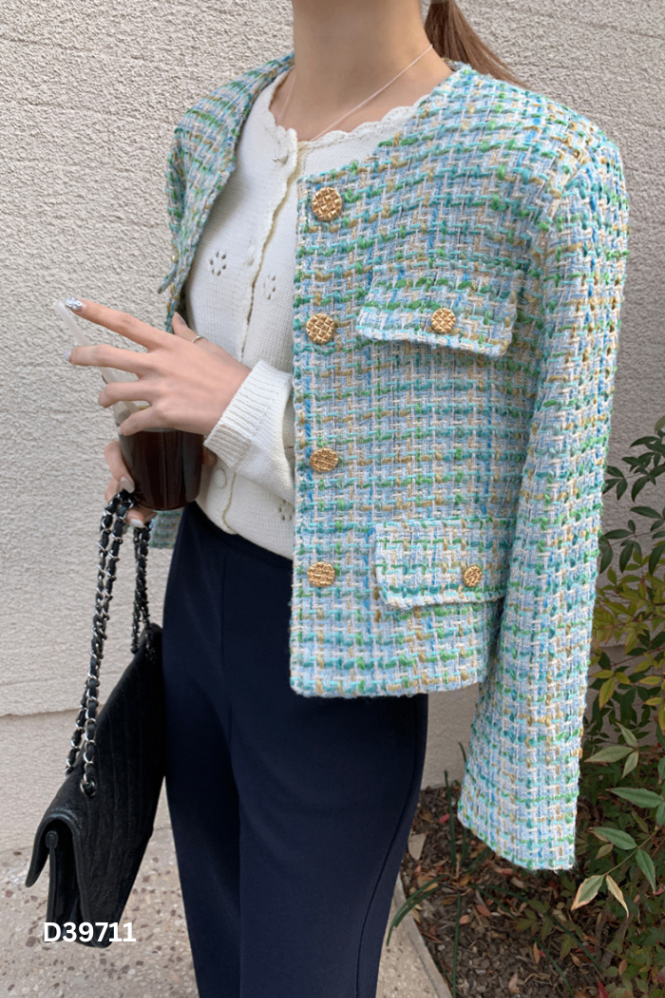Áo dạ tweed xanh phối be nâu