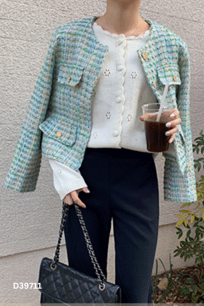 Áo dạ tweed xanh phối be nâu