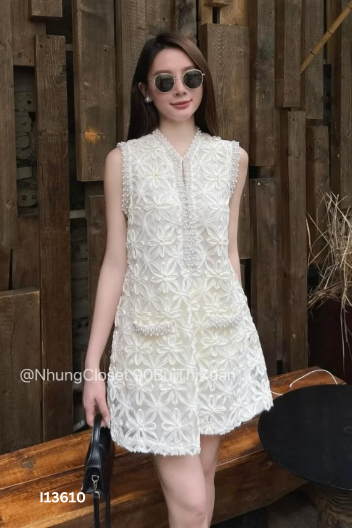 NEWTAG Váy trắng viền đính ngọc