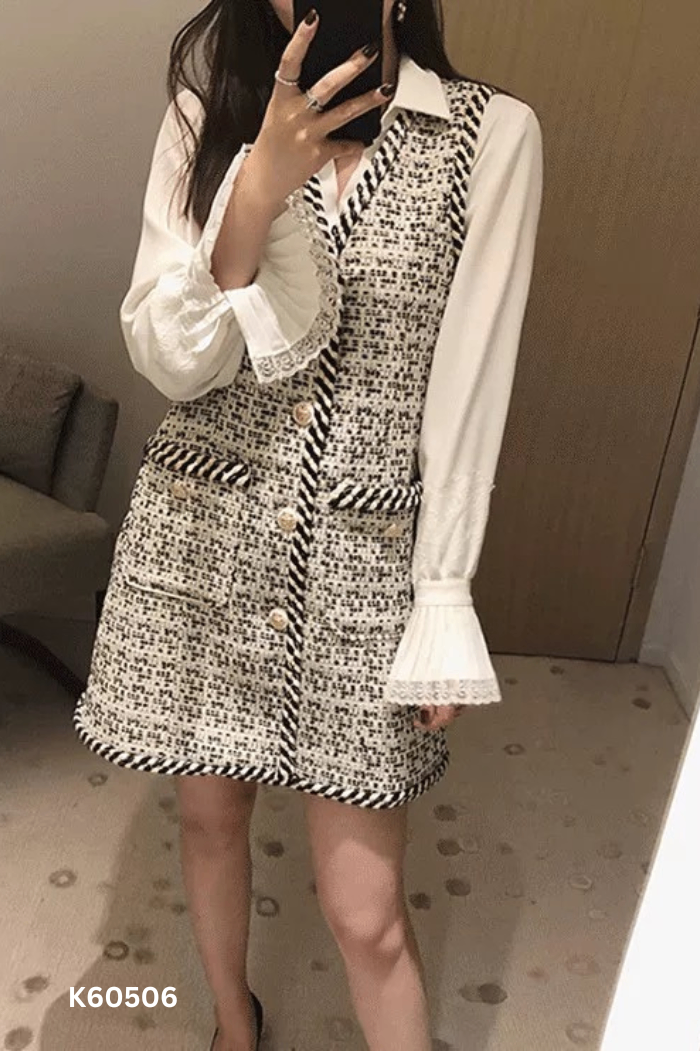 Váy áo gile dạ đen trắng