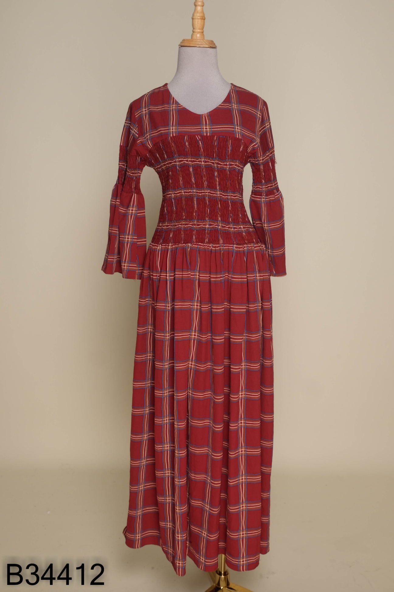 Váy boho đỏ kẻ chun