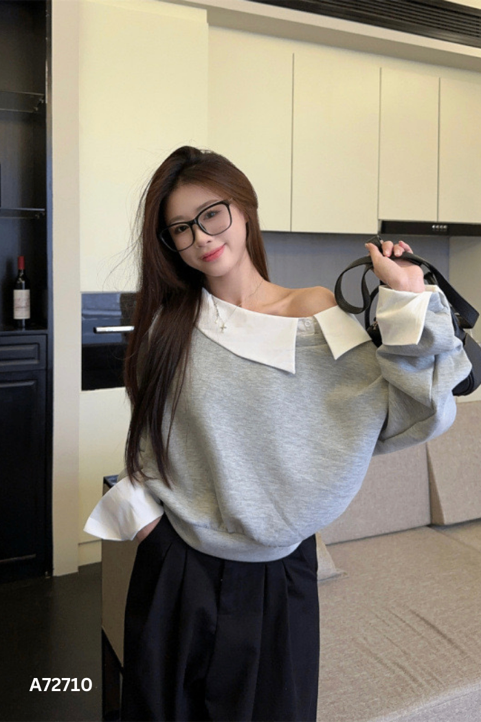 NEWTAG Áo xám lệch vai viền trắng