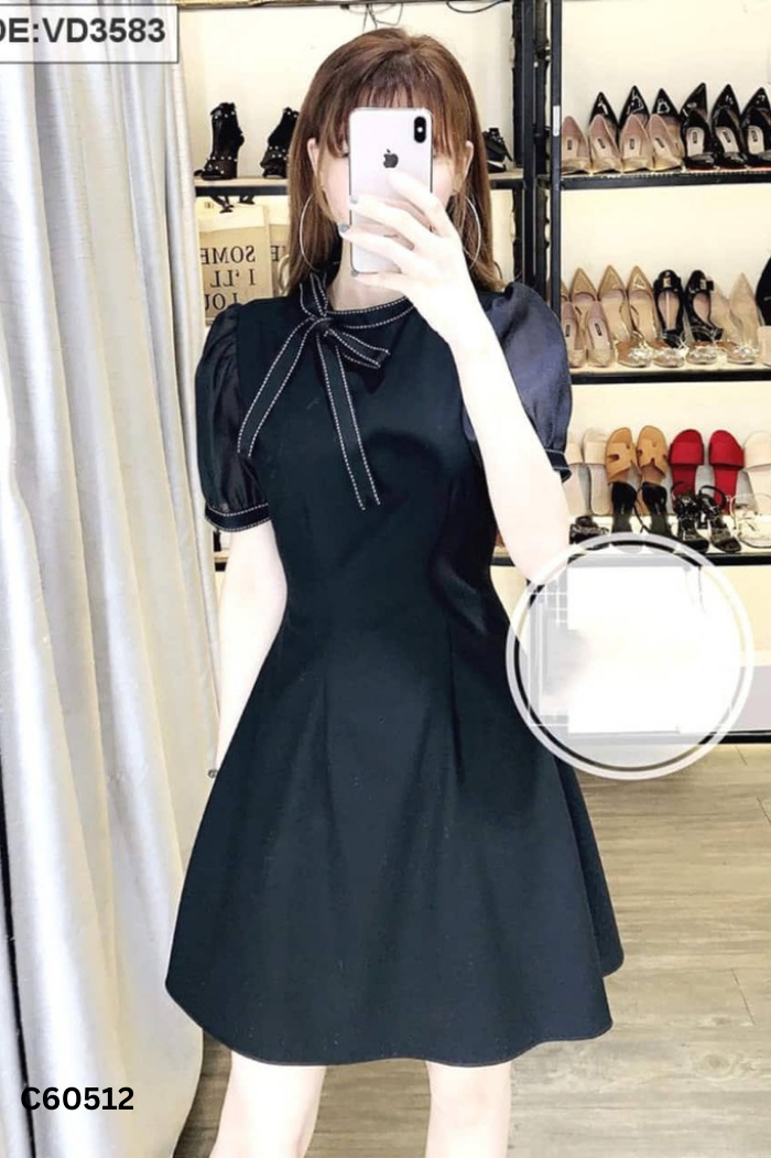Váy đen chỉ trắng tay organza