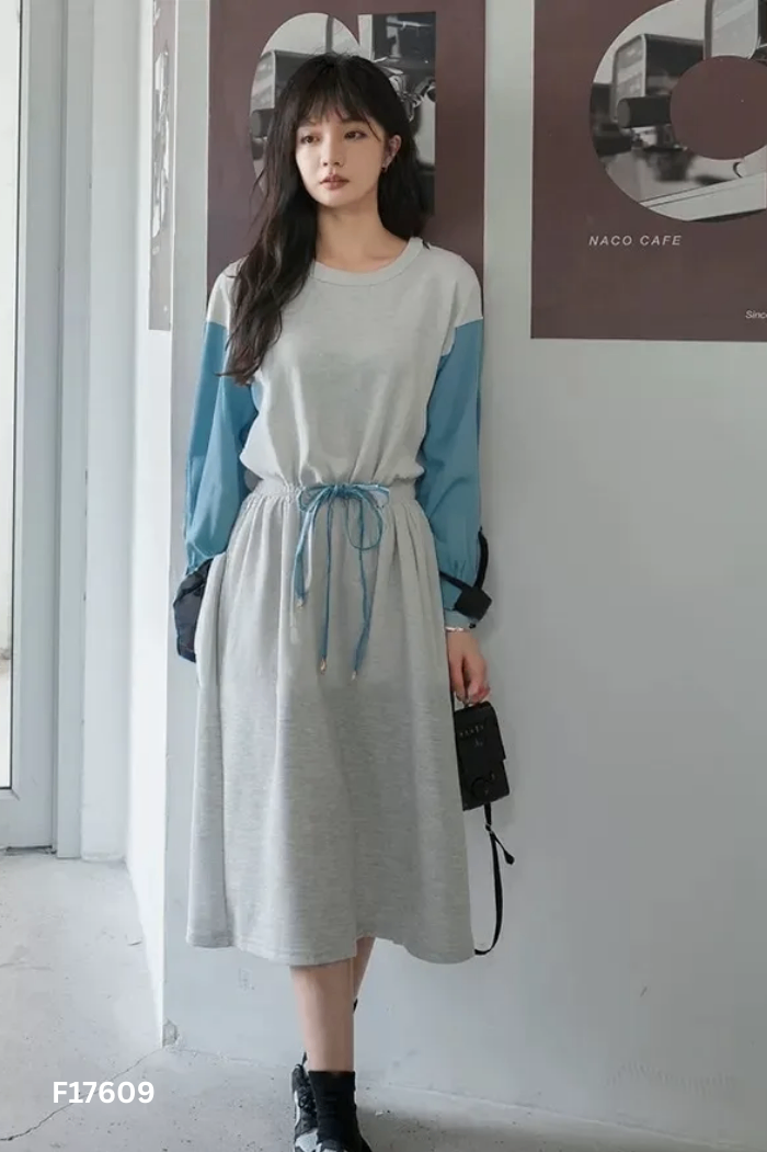 Váy nỉ xám phối tay jeans xanh