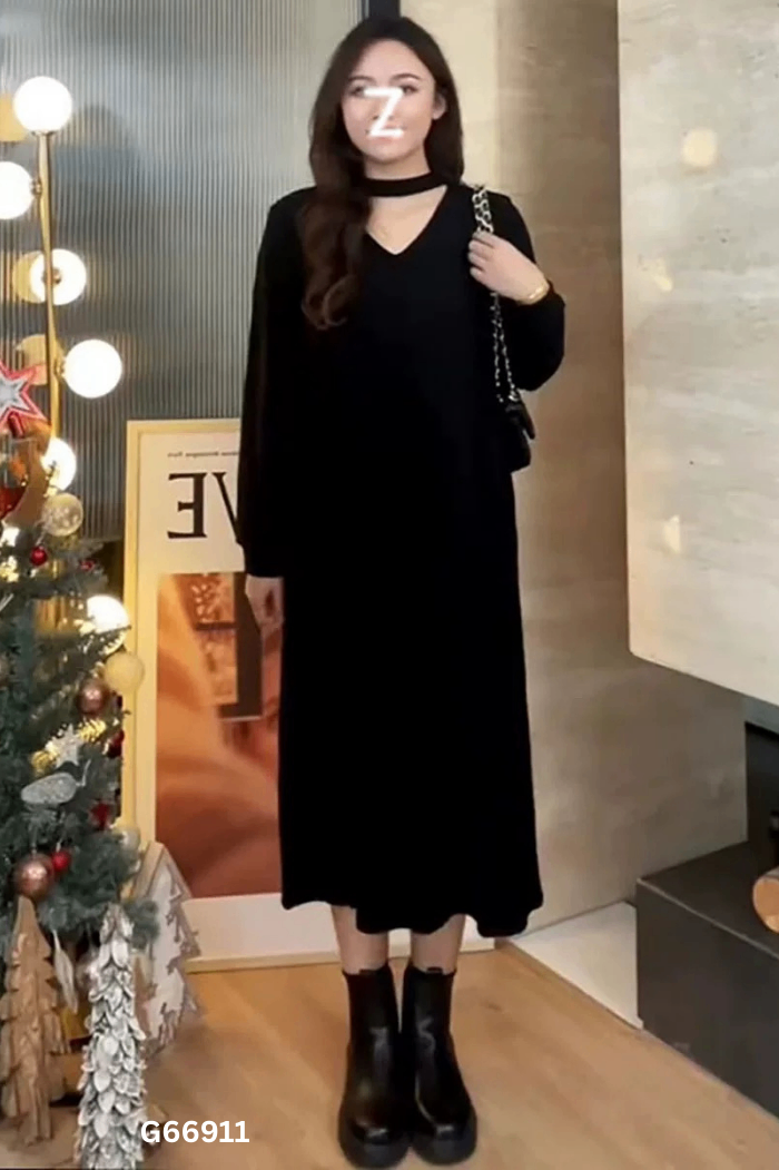 Váy thun ANXING đen khoét cổ