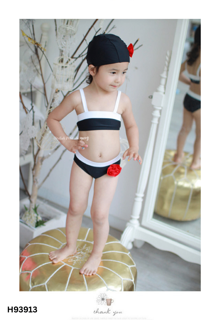NEWTAG SET Bikini đen phối be đính hoa KIDS