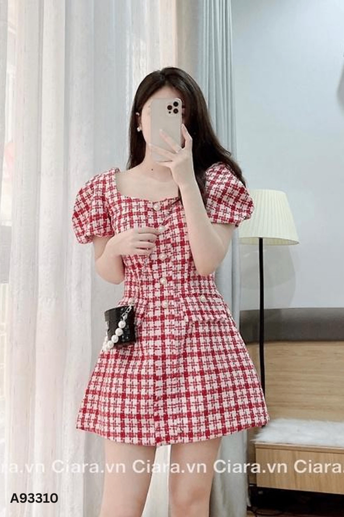 NEWTAG Váy trắng phối đỏ dạ tweed