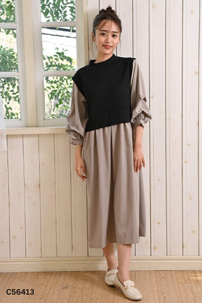 Váy dài nâu phối yếm giả đen