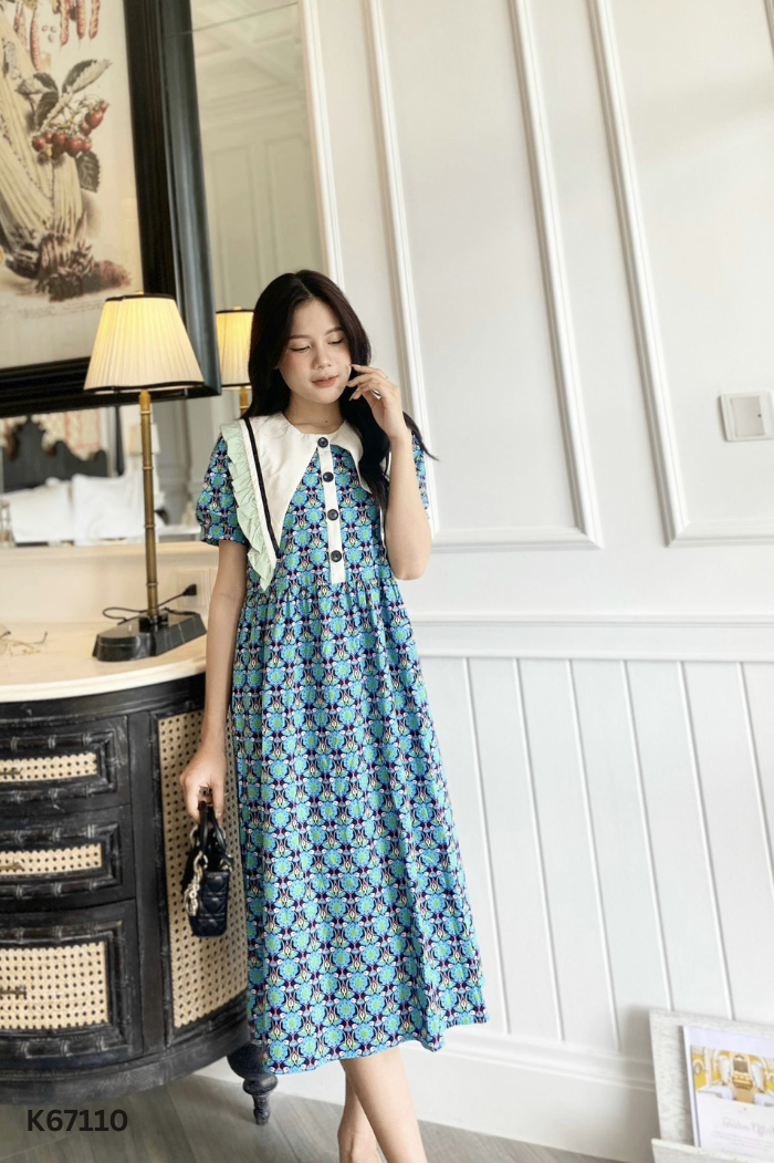 NEWTAG Váy xanh hoa MIJOO cổ trắng
