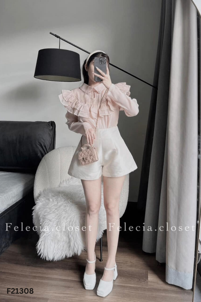 Áo kiểu hồng cam phối bèo