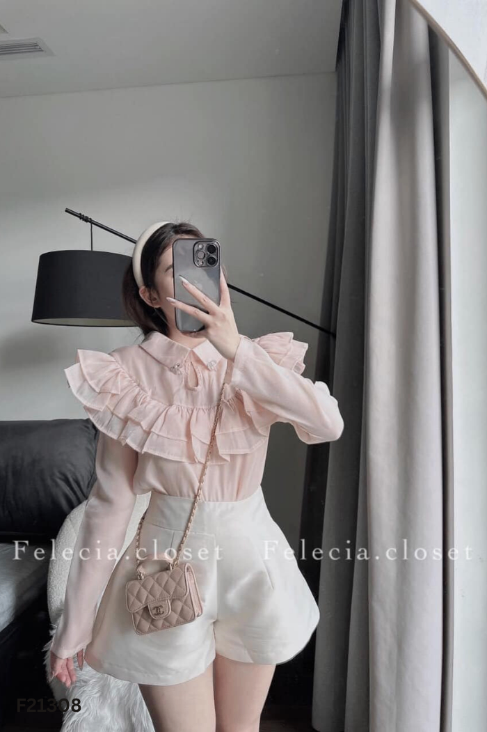 Áo kiểu hồng cam phối bèo