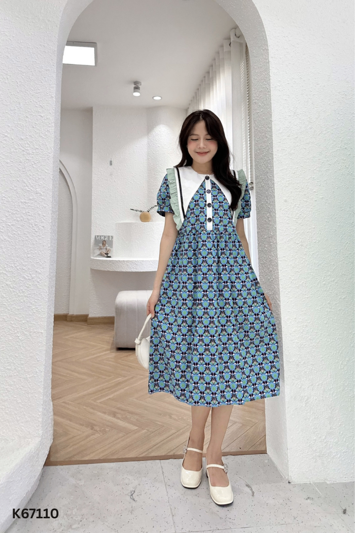 NEWTAG Váy xanh hoa MIJOO cổ trắng
