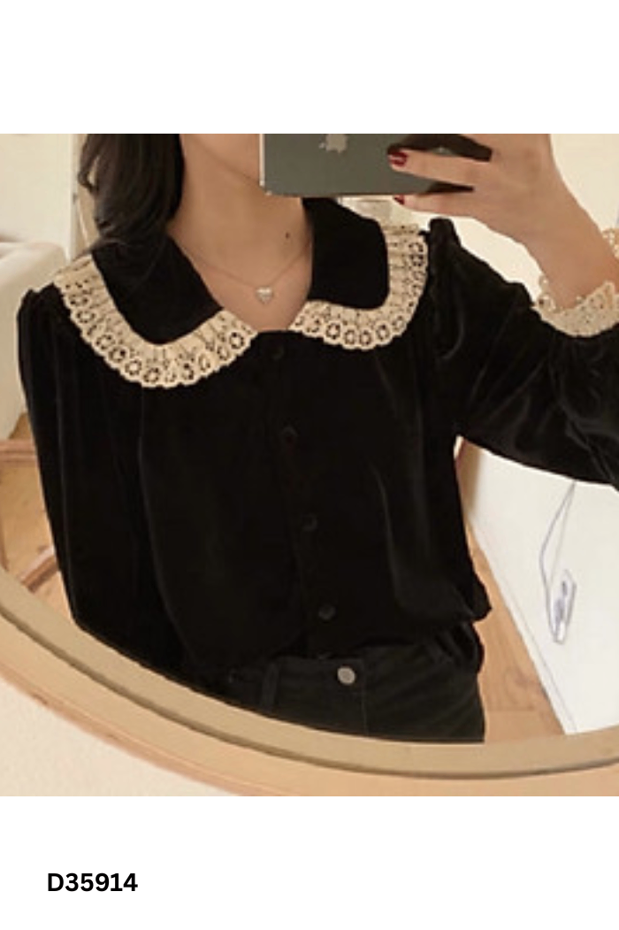 Áo sơ mi nhung đen viền ren be