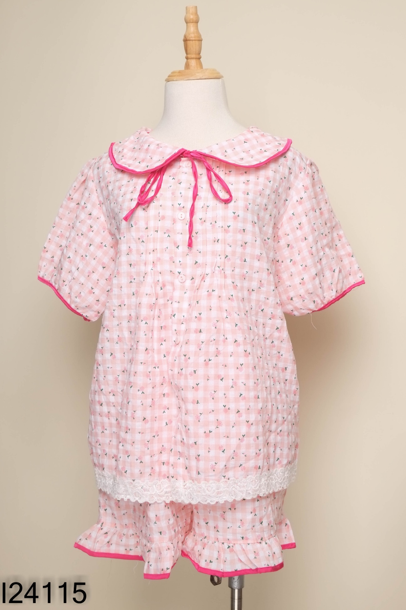 NEWTAG Set Pijama hồng kẻ cổ sen