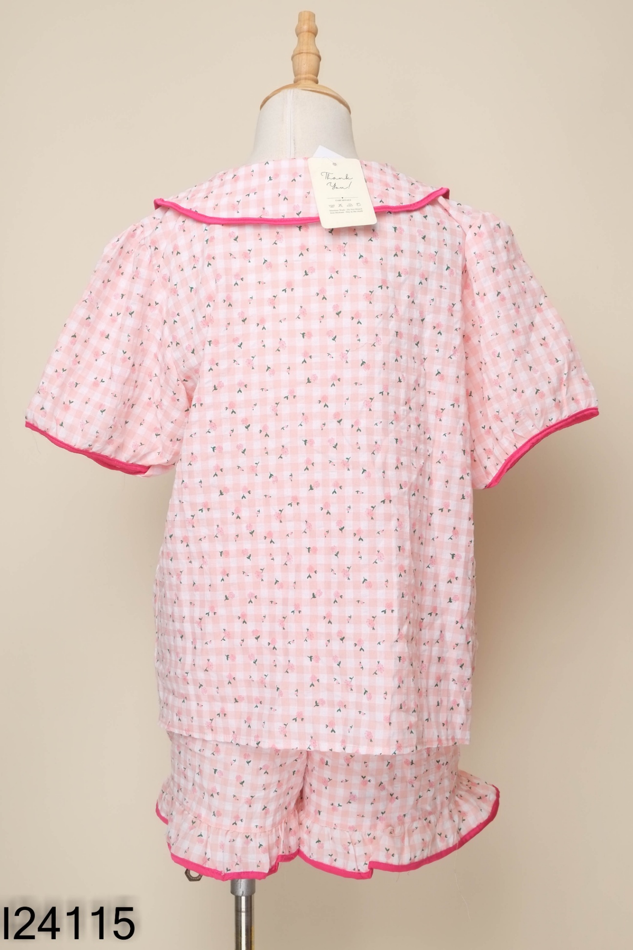NEWTAG Set Pijama hồng kẻ cổ sen