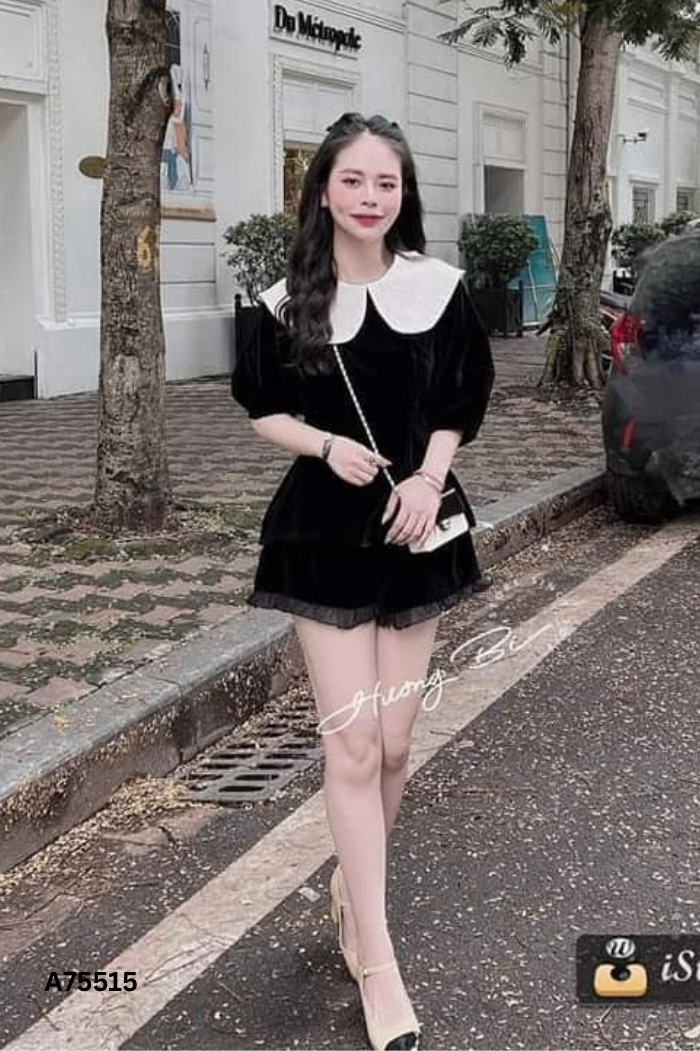 SET nhung đen áo cổ be + quần short