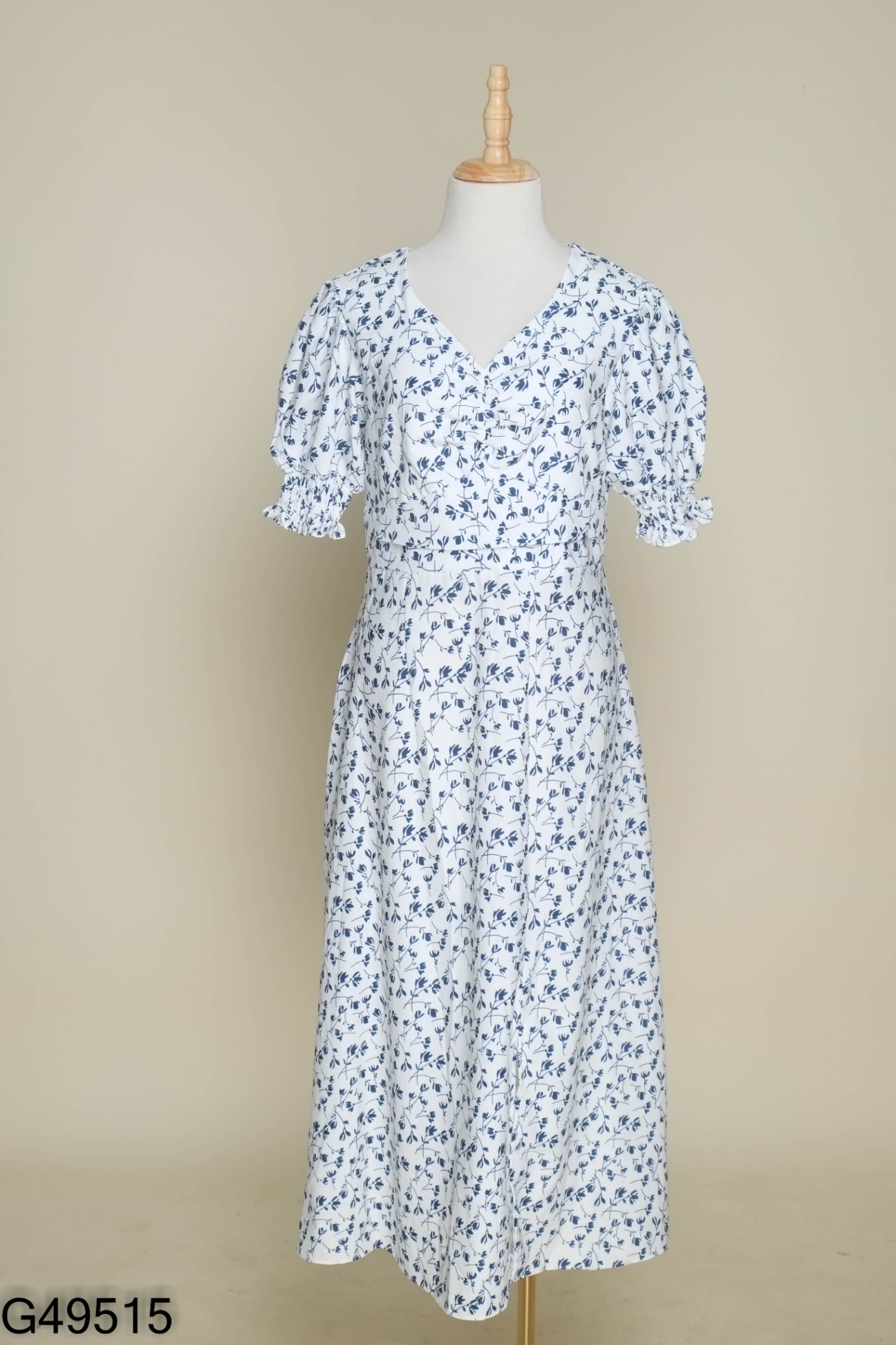 Váy trắng họa tiết xanh dúm ngực (ZARA xuất)