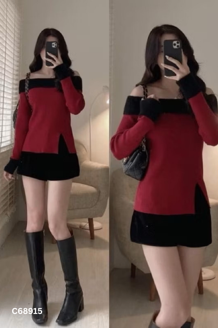 Áo len đỏ lông đen