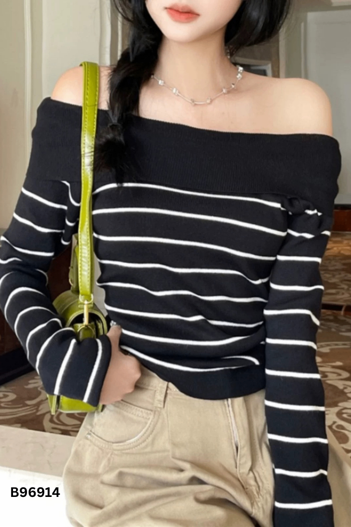 Áo len đen kẻ trắng