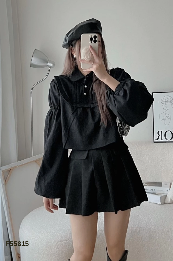 Áo kiểu đen trơn tay bồng