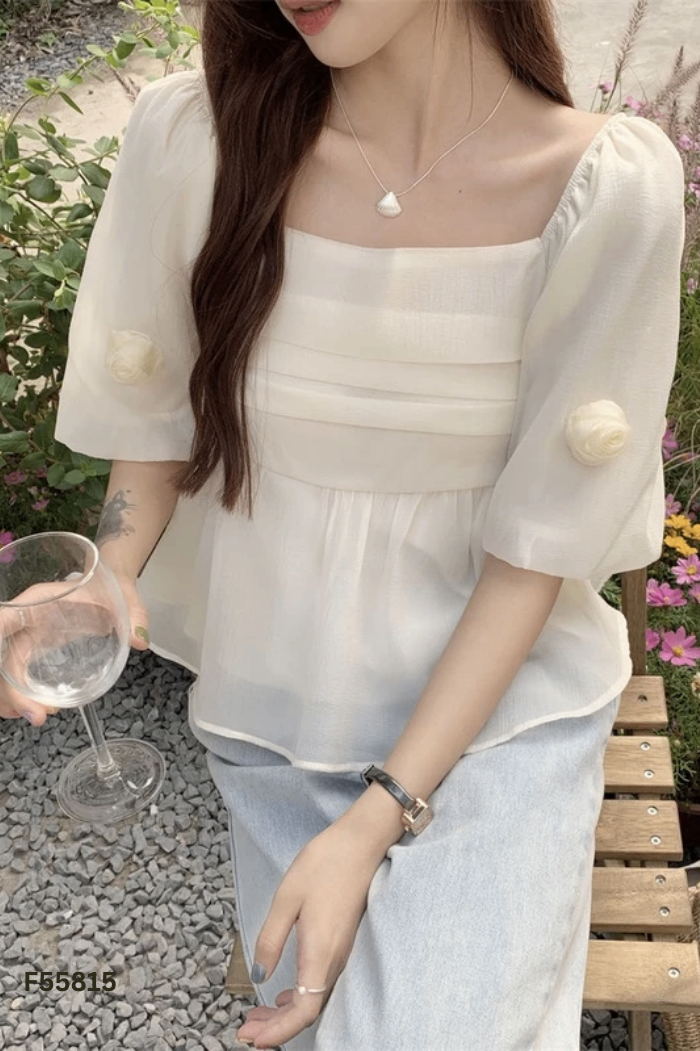 Áo kiểu be trơn đính hoa