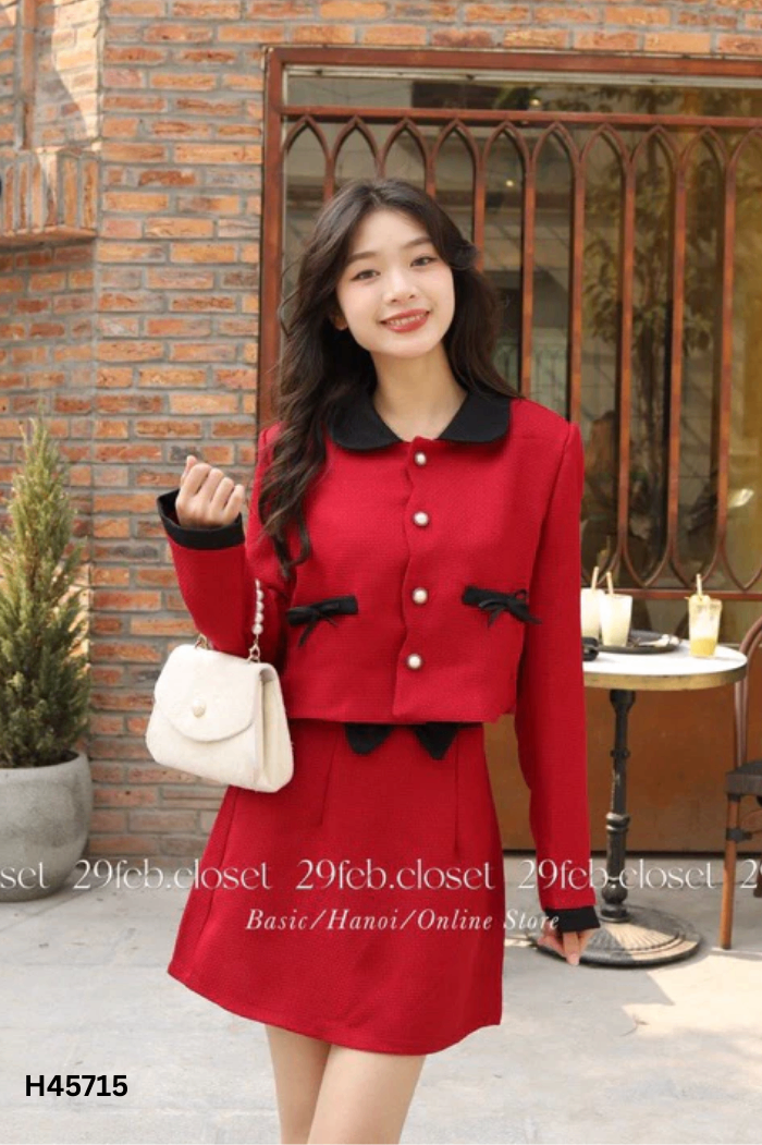 SET Áo đỏ cổ đen + chân váy