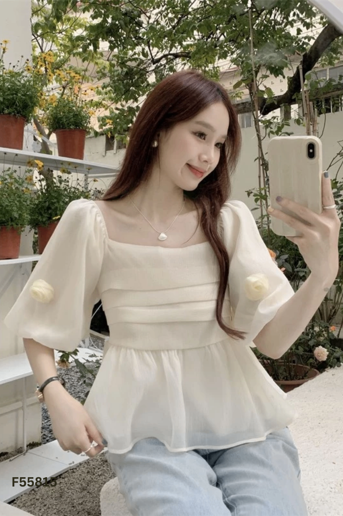 Áo kiểu be trơn đính hoa