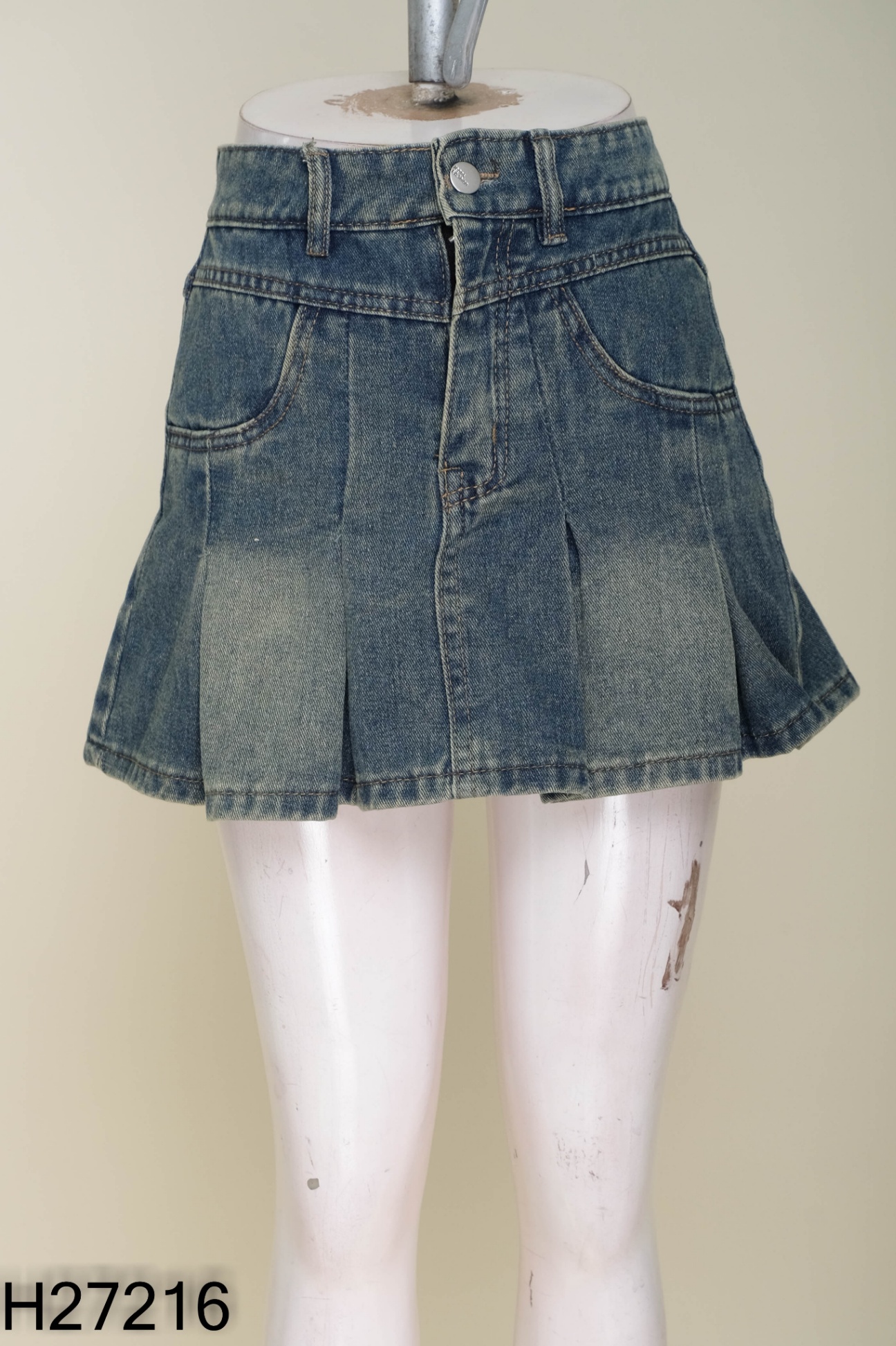 Chân váy jeans xanh vàng xếp ly