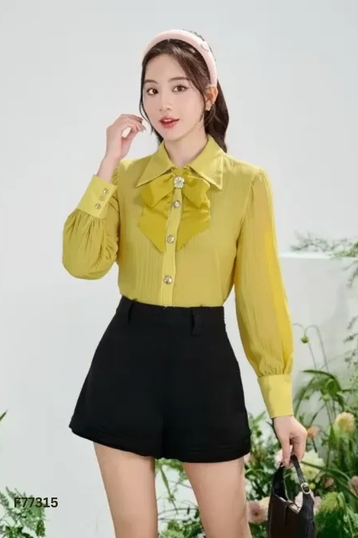 Áo sơ mi tơ xanh phối nơ