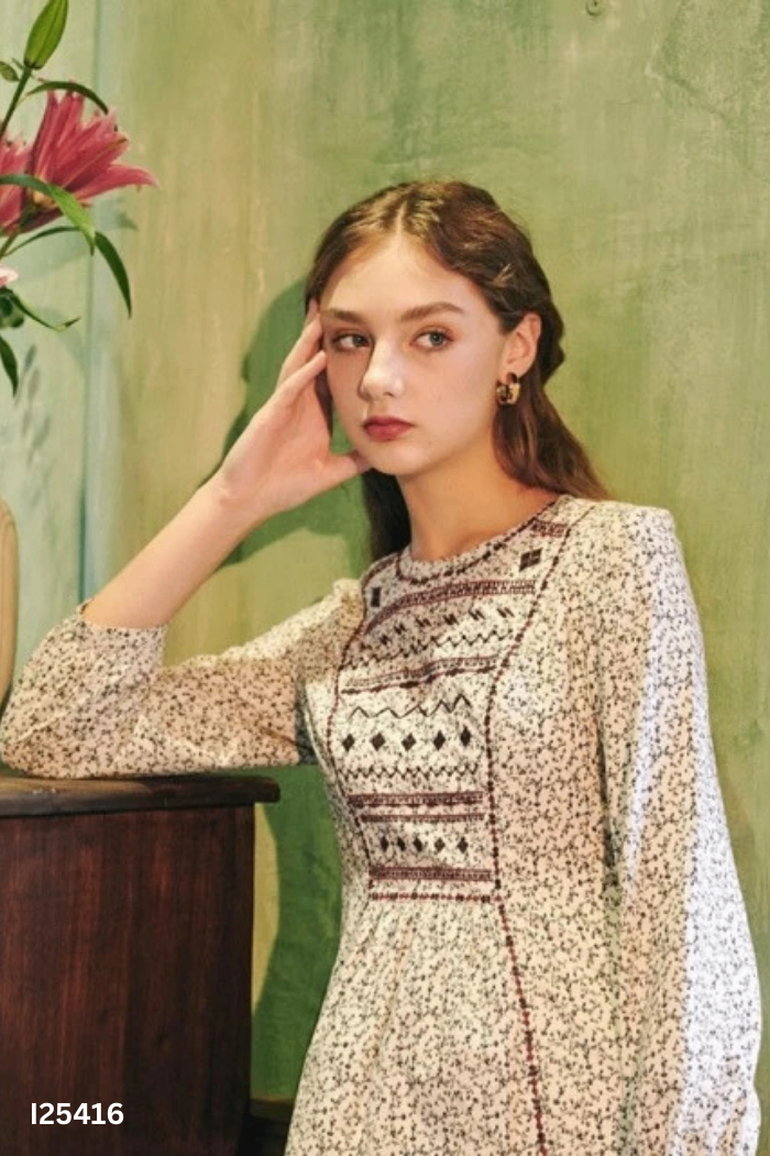 Váy ADORE DRESS trắng be họa tiết đen