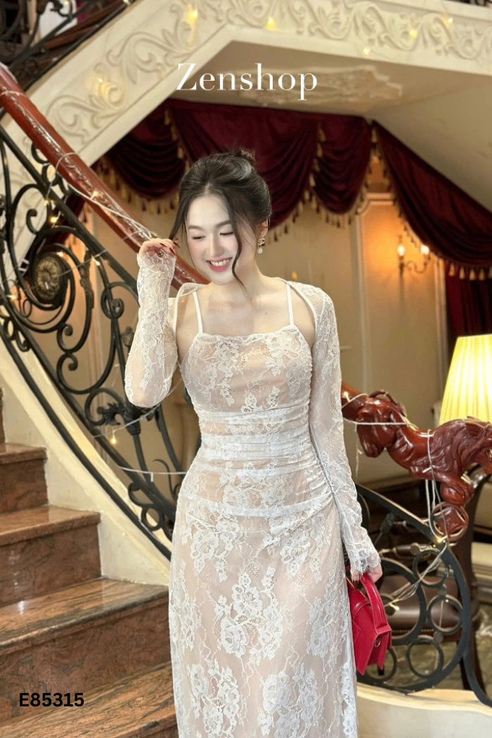 NEWTAG Váy hai dây ren trắng kèm áo