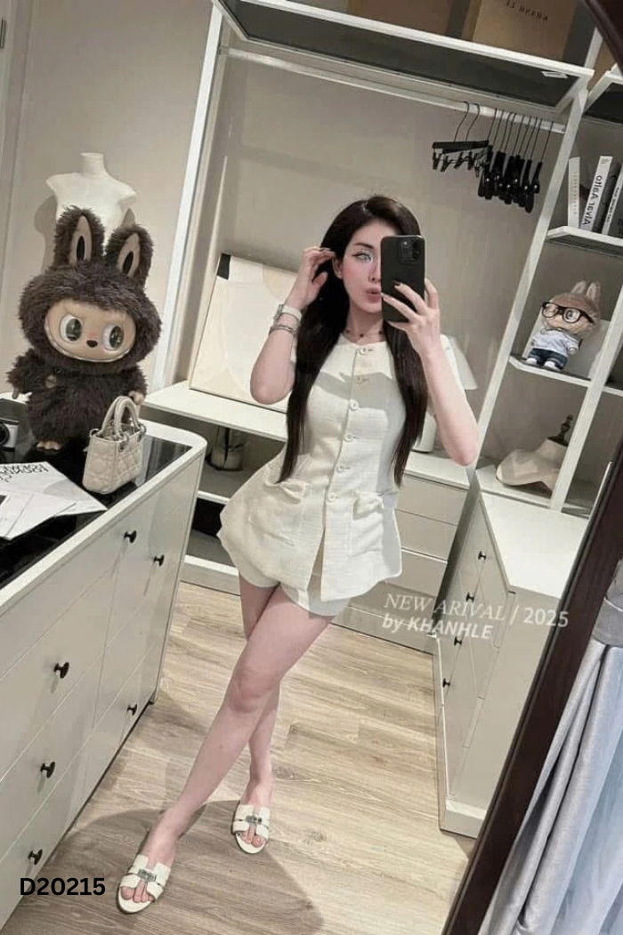 NEWTAG Set Áo dạ trắng phối cúc nơ + quần shorts