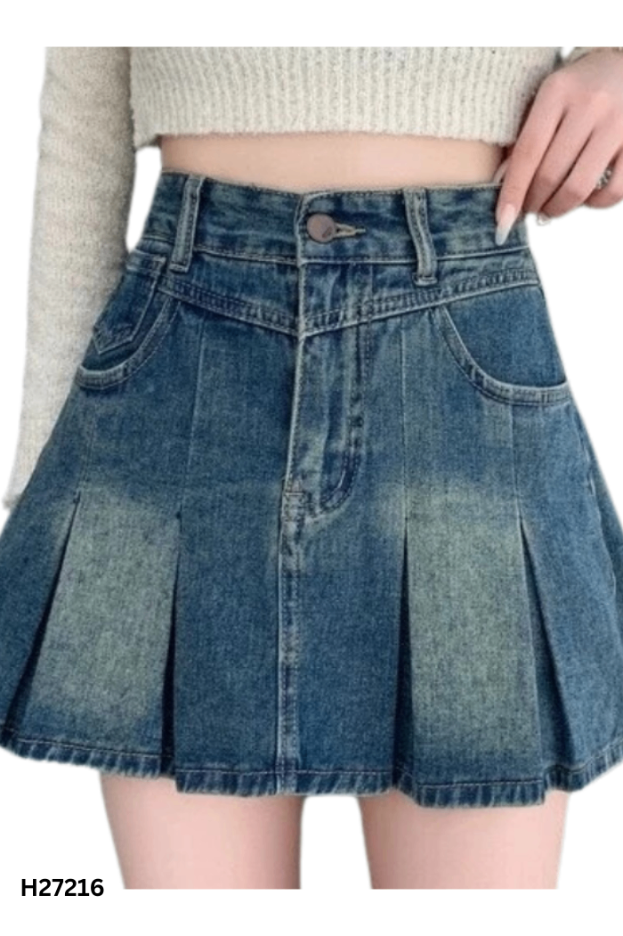 Chân váy jeans xanh vàng xếp ly