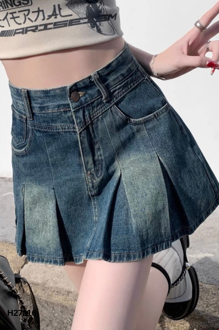 Chân váy jeans xanh vàng xếp ly