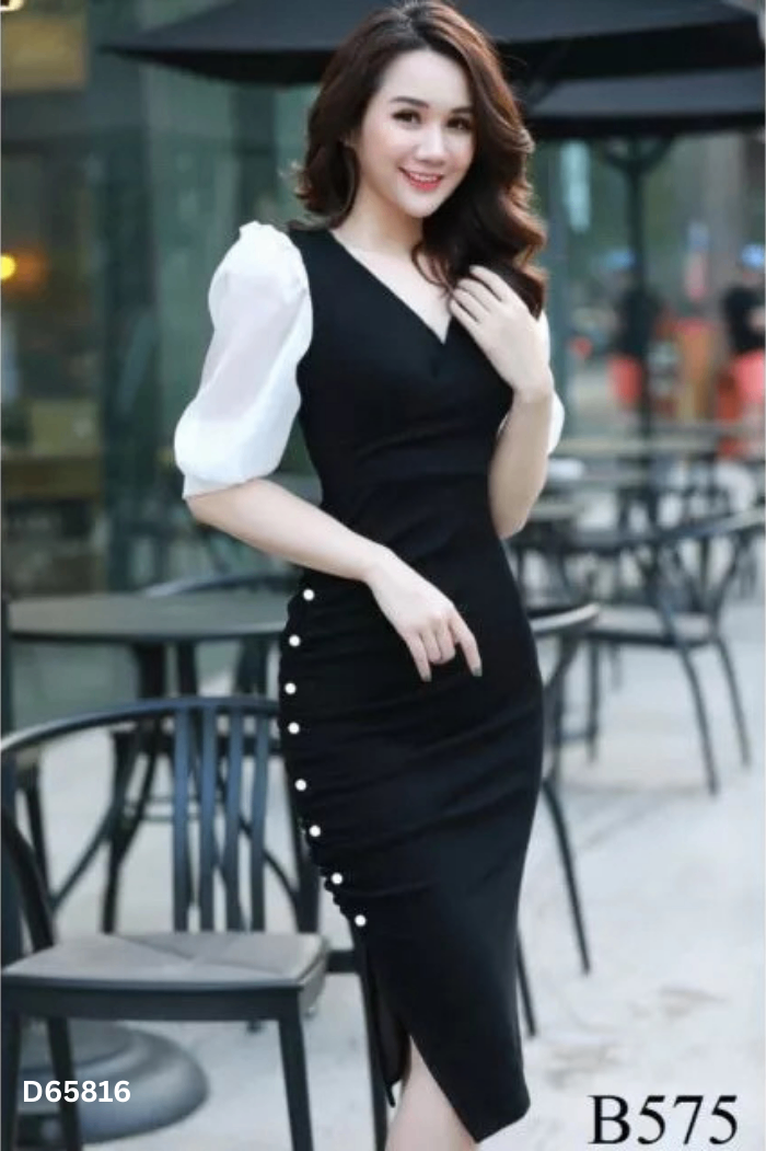 Váy đen tay trắng dúm