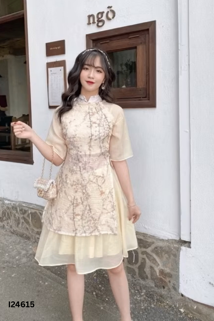 SET Áo dài be đính hoa + chân váy