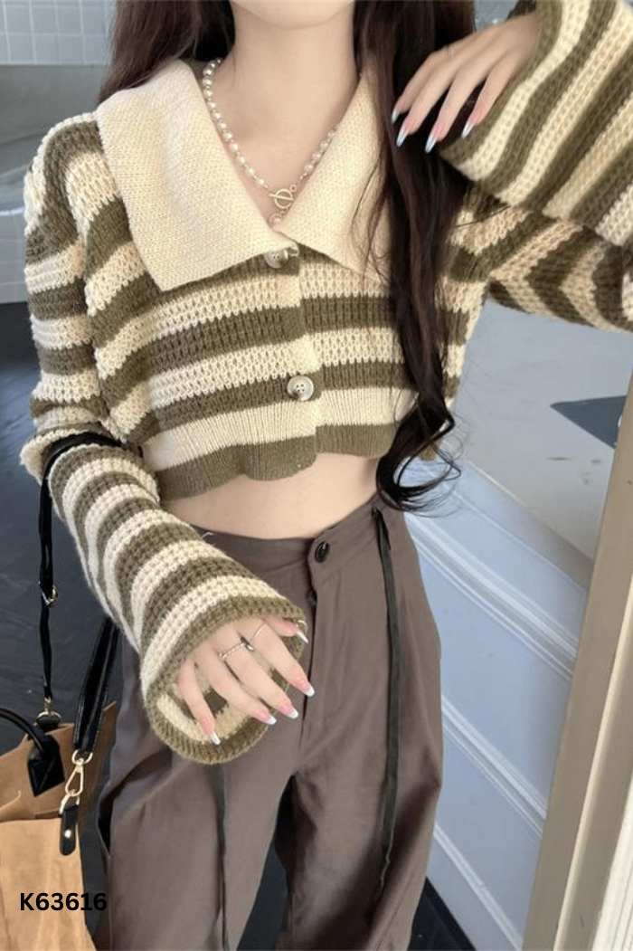 Áo len be kẻ xanh cổ bẻ