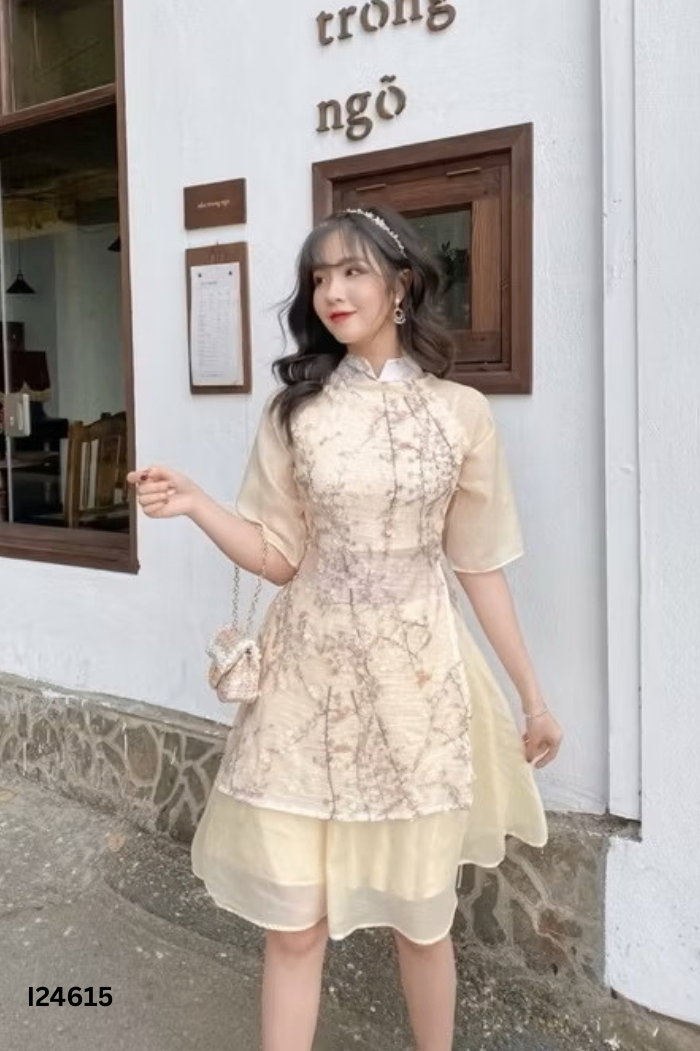 SET Áo dài be đính hoa + chân váy