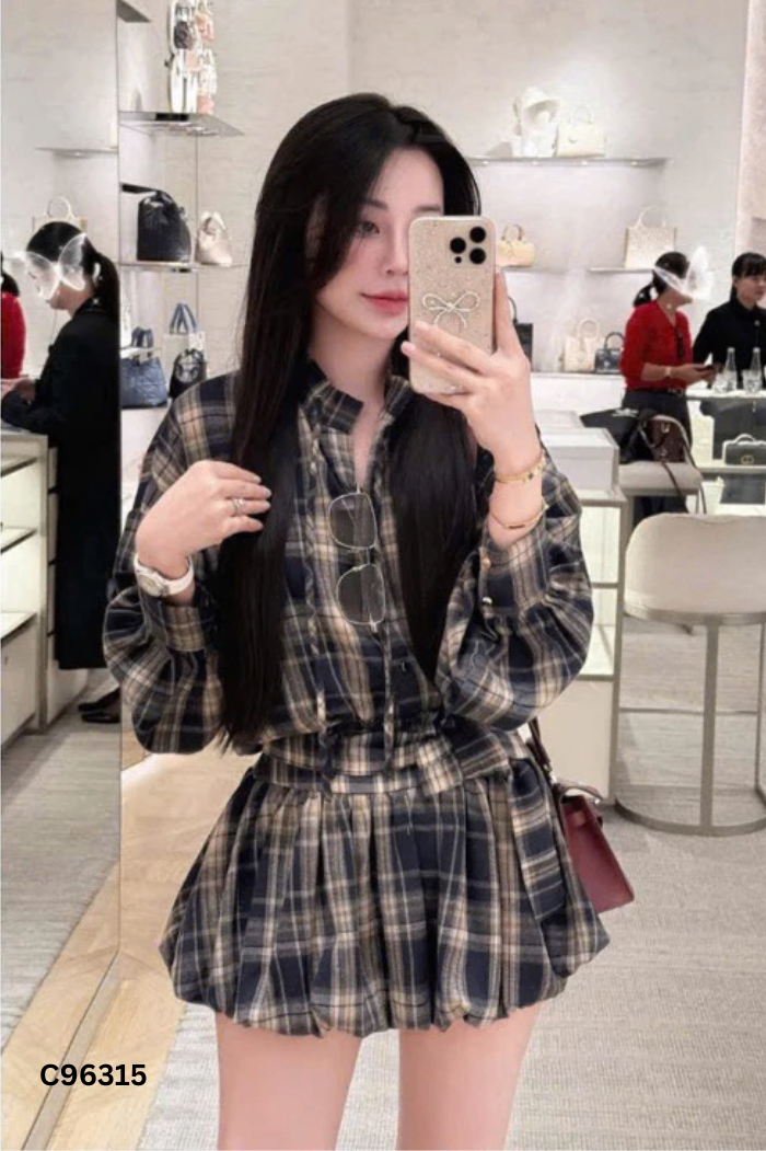 Set Áo be kẻ caro + chân váy bí