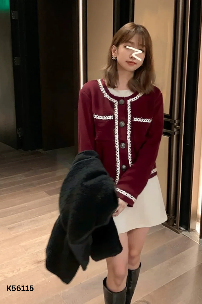 Áo dạ tweed đỏ viền be