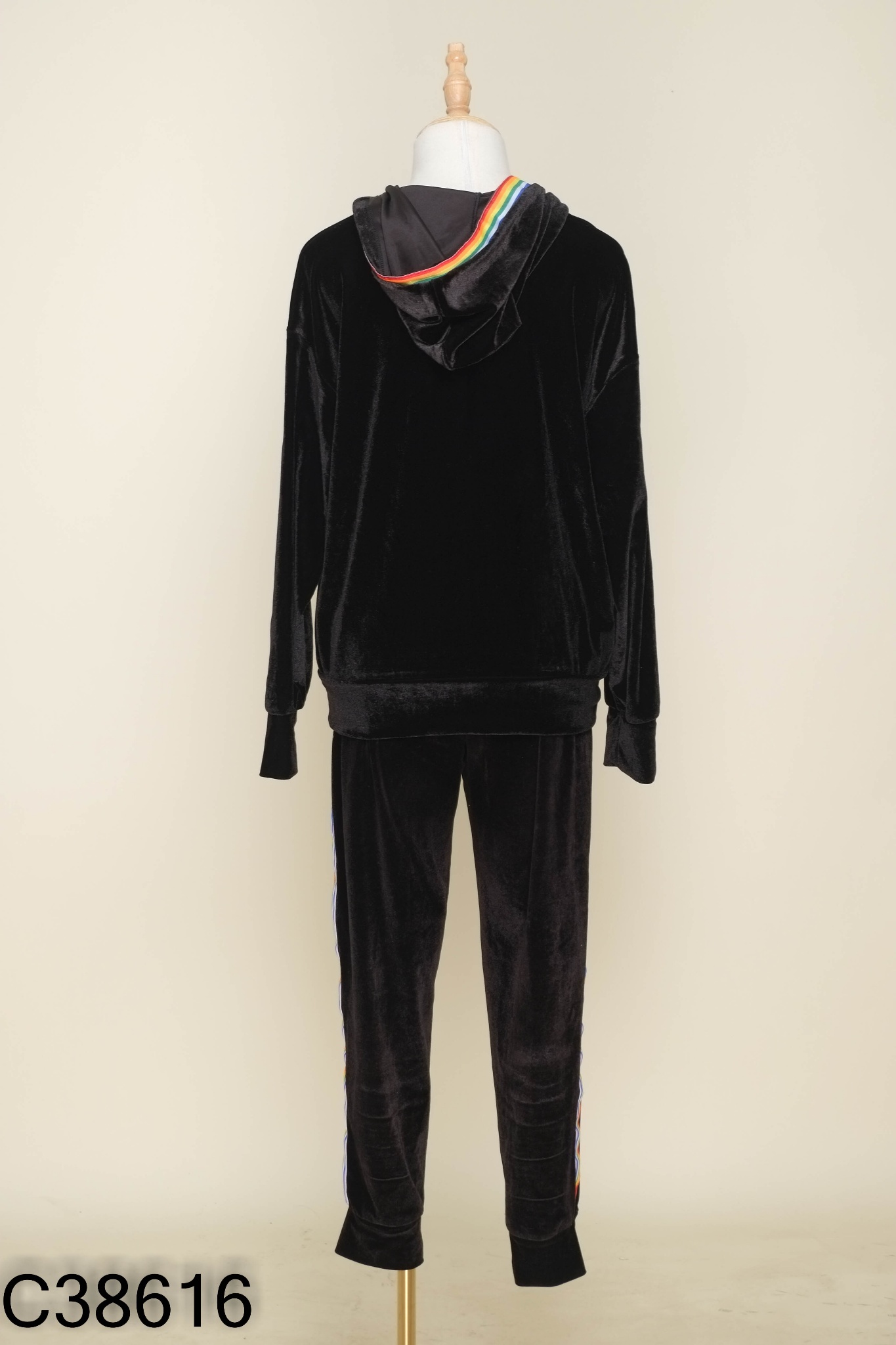 SET nhung đen sọc vàng xanh tím áo hoodie + quần dài