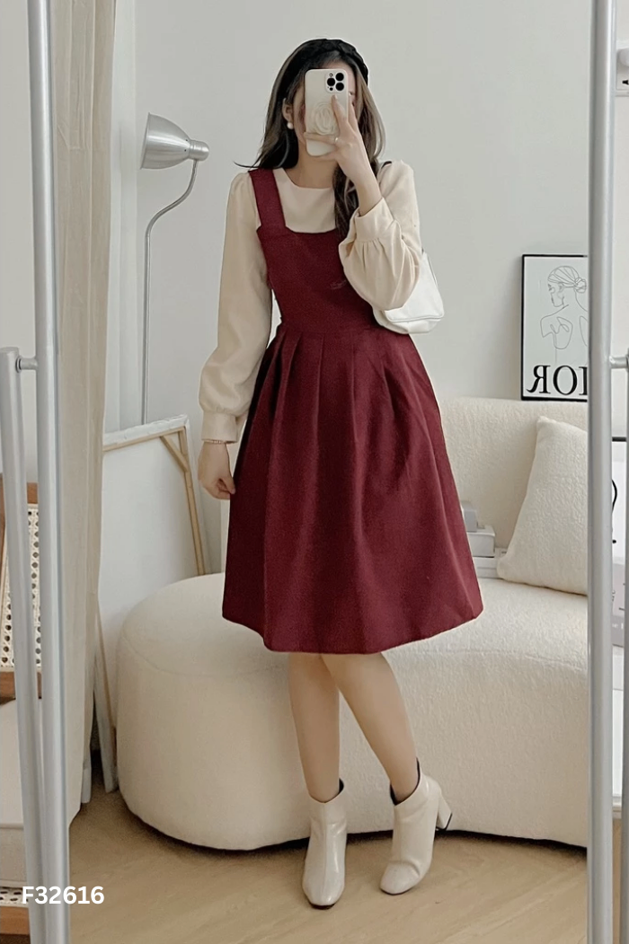 Váy be phối đỏ nâu