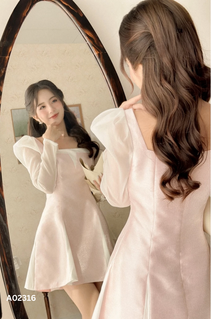Váy hồng DAPHNEE phối tay trắng