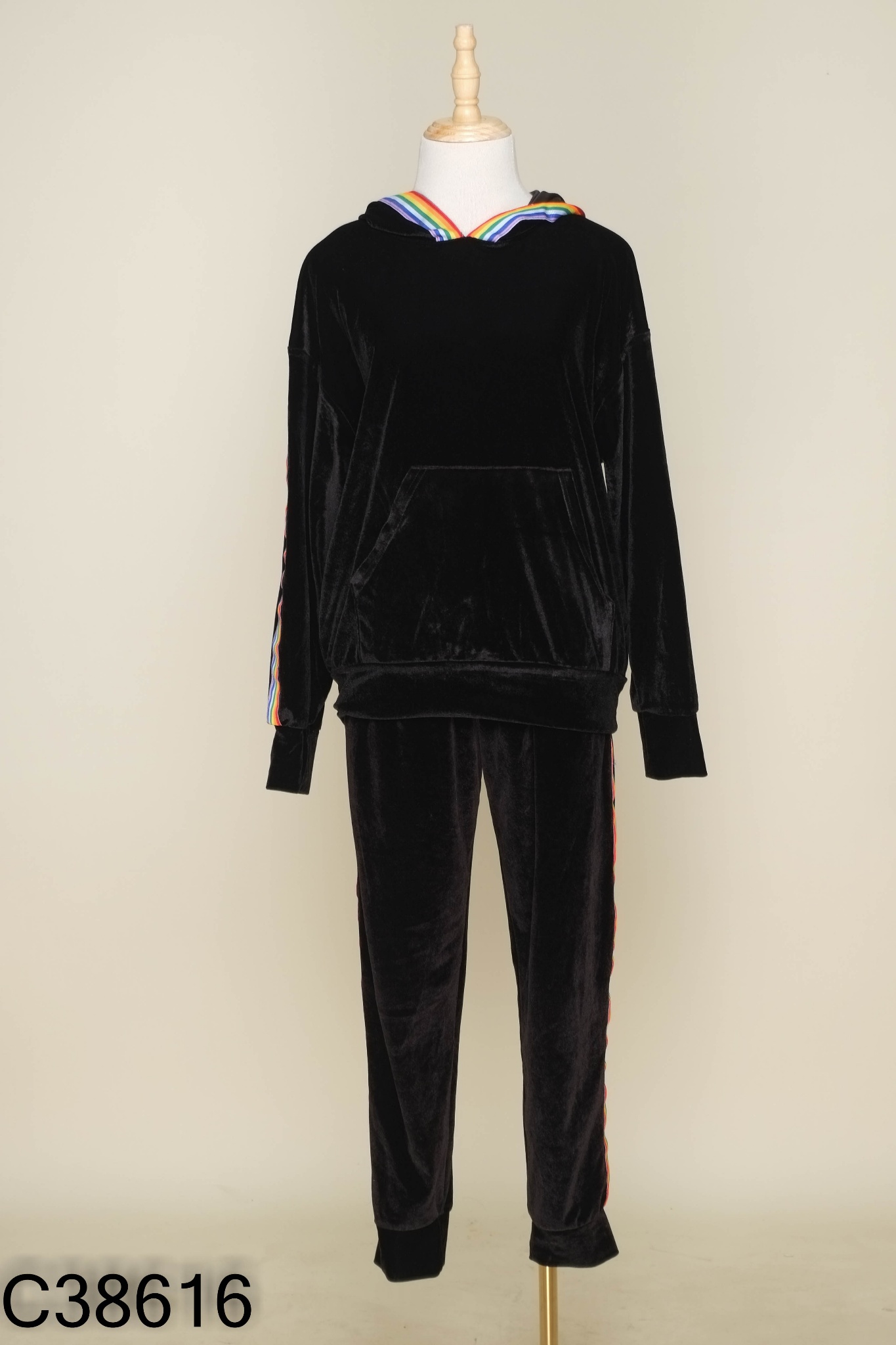 SET nhung đen sọc vàng xanh tím áo hoodie + quần dài