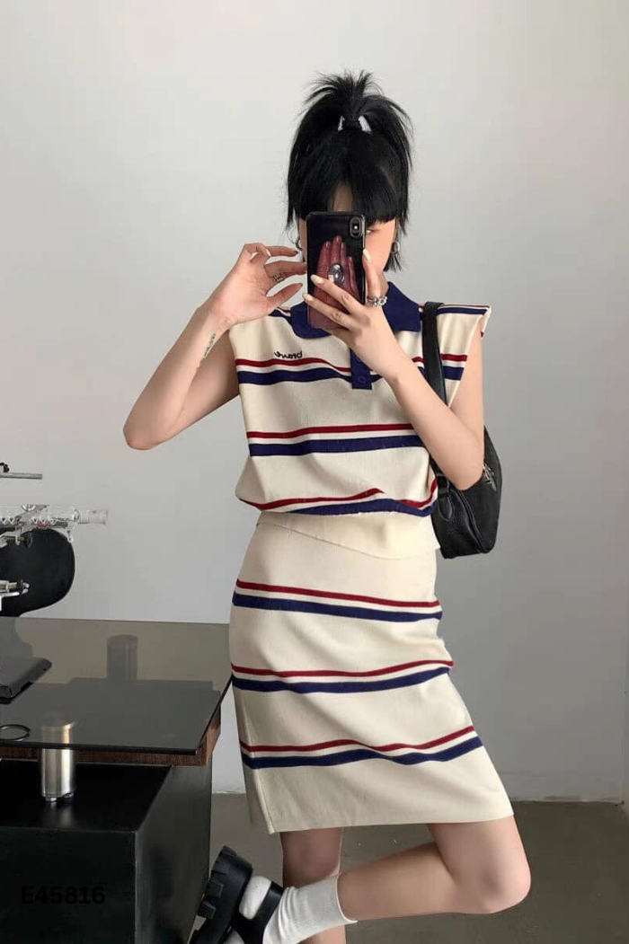 Set Áo be kẻ + chân váy