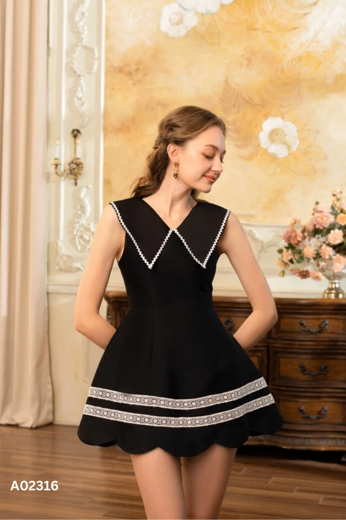 Váy taffta đen DAPHNEE viền trắng