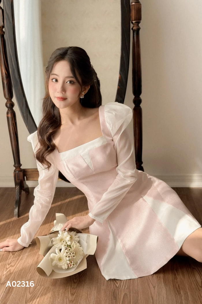 Váy hồng DAPHNEE phối tay trắng