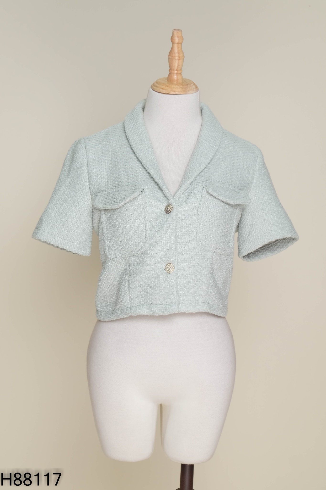 Áo dạ tweed xanh cộc tay