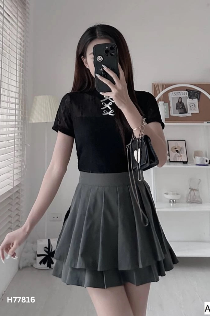 Áo ren đen phối nơ